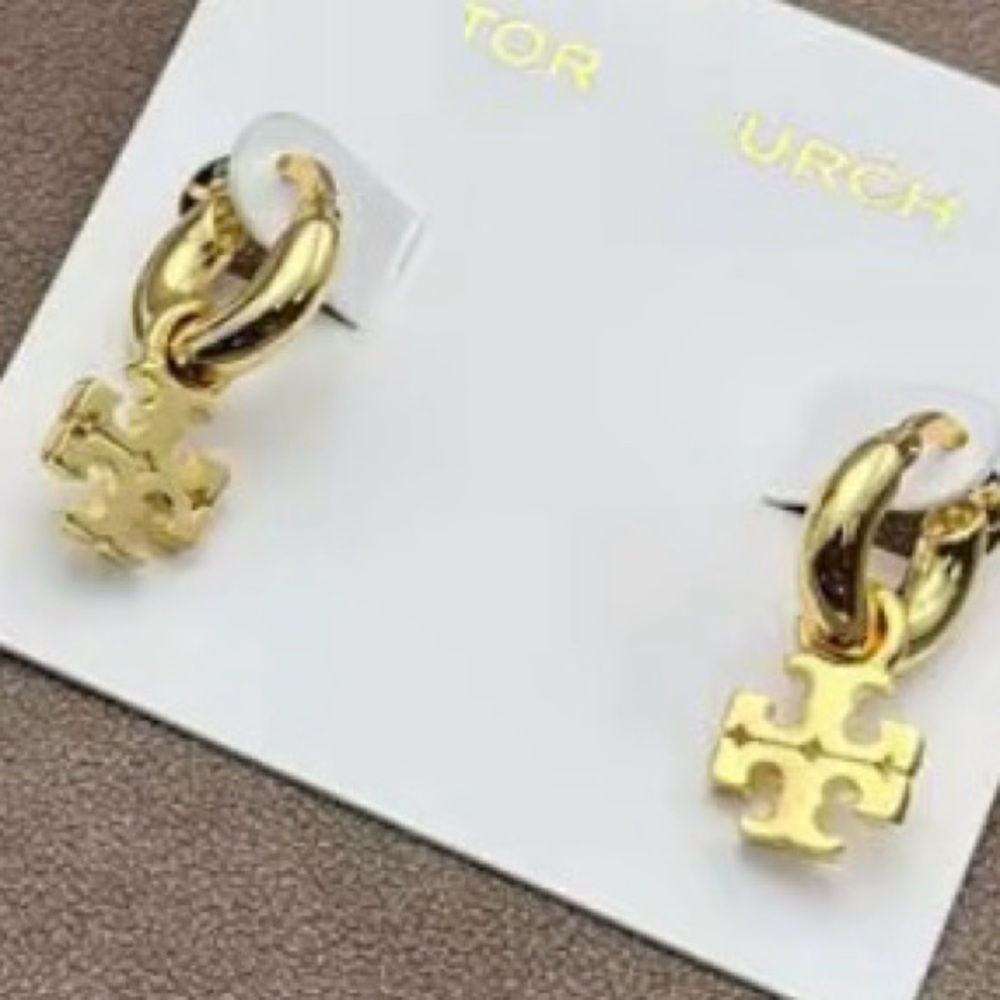TORY BURCH GOLD KIRA LOGO HUGGIE HOOP EARRINGS - Picture 2 of 8